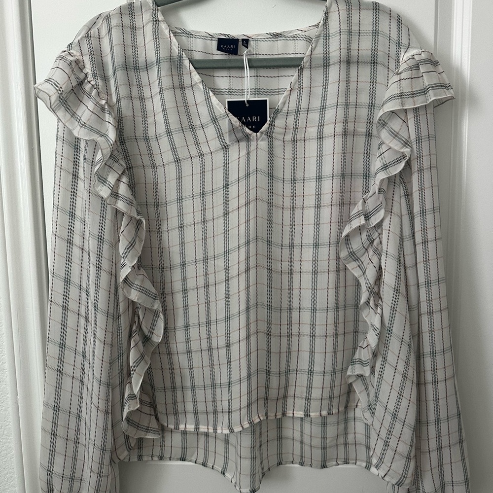 Kaari Plaid Ruffle Long Sleeve V-Neck Blouse